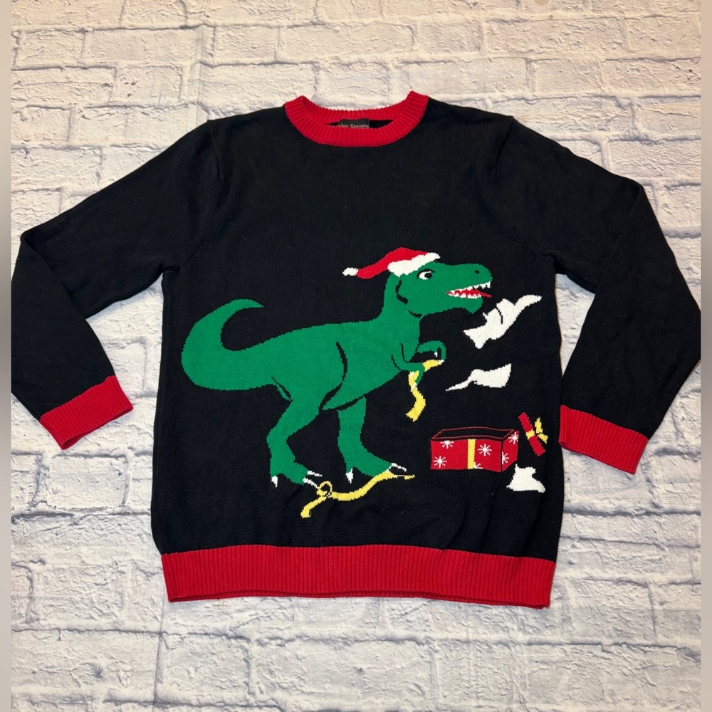 Festive Alex Steven’s sz M ladies Black and Red Dinosaur Sweater